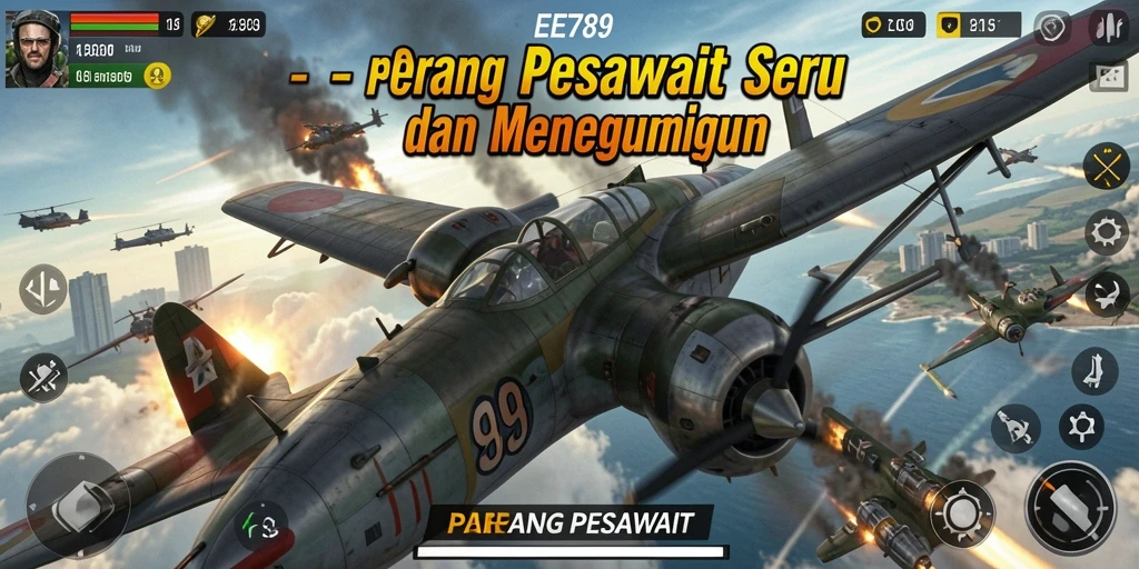 Antarmuka permainan Perang Pesawat yang penuh aksi dan dinamis.
