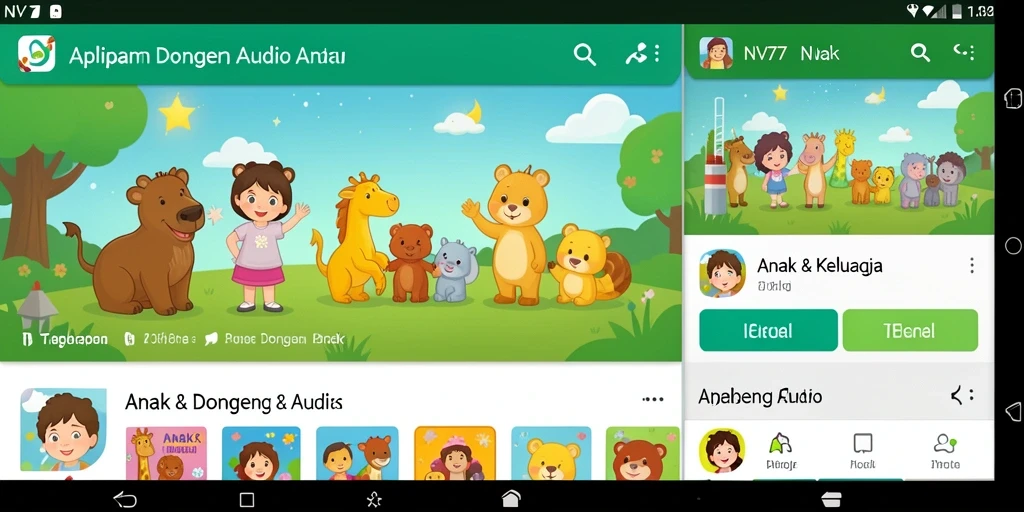 Antarmuka pengguna aplikasi NV77 untuk Dongeng Audio yang menarik.